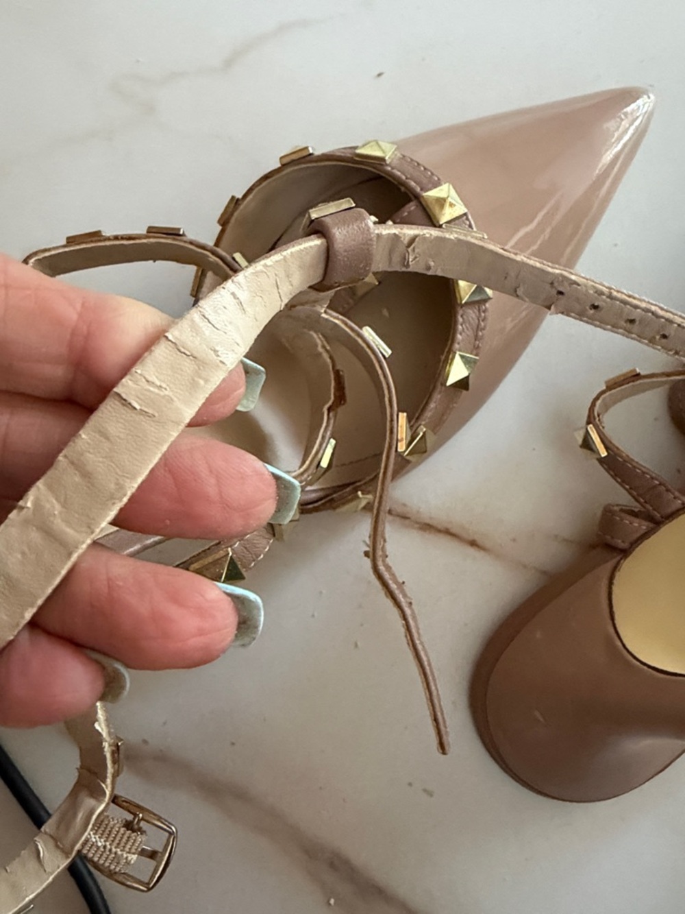 BCBGeneration Nude Patent T-Strap Pointed Stud Pumps - Picture 14 of 14